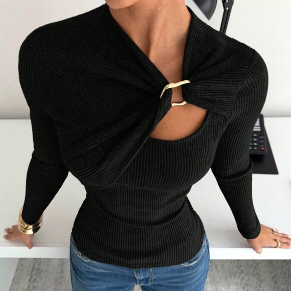 Black Casual Women's Soft Asymmetric Long Sleeve T-Shirt with Metal Buckle - Picture 1 of 5
